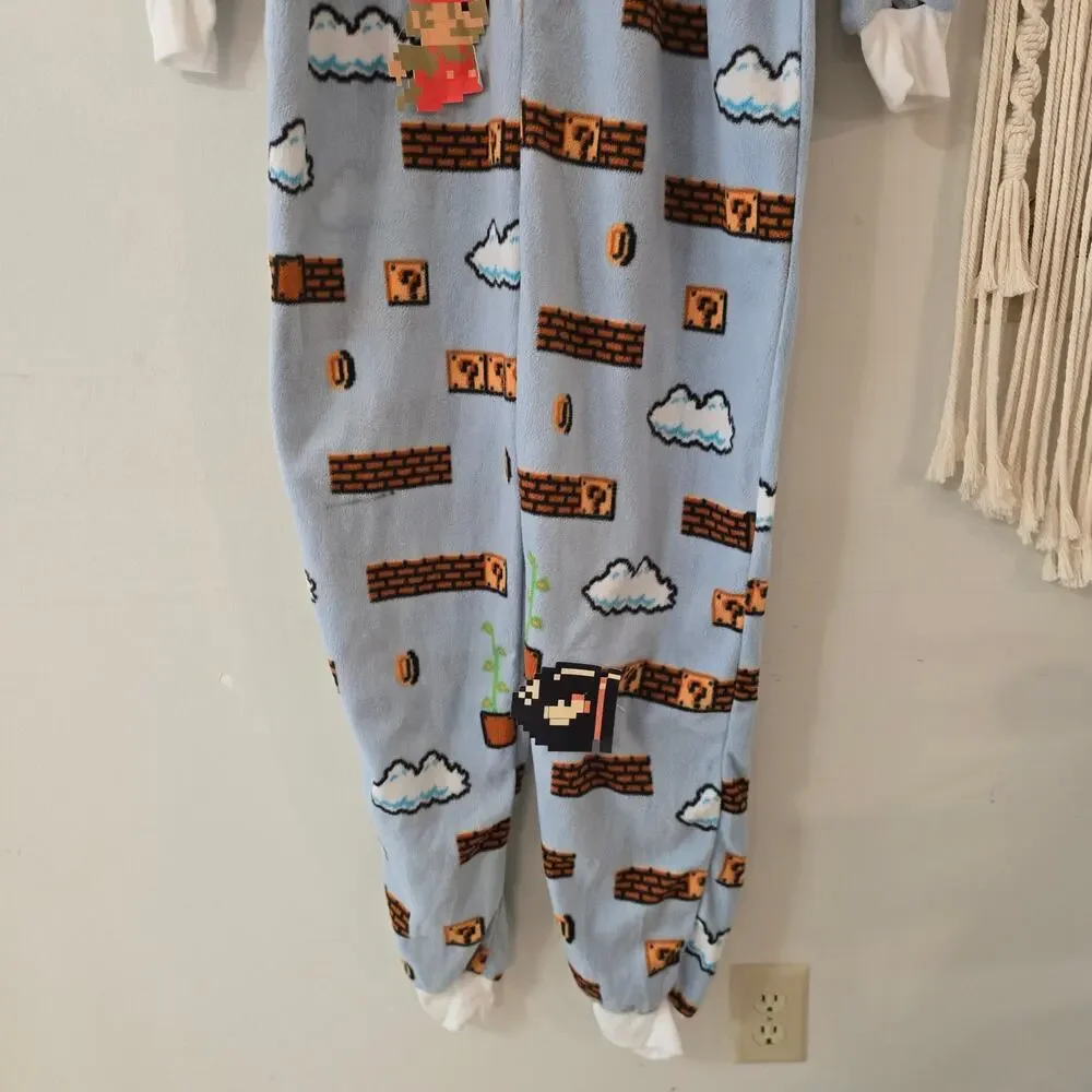 NWT Nintendo Super Mario Fleece Zip Up One-Piece Pajamas Blue Size S Small